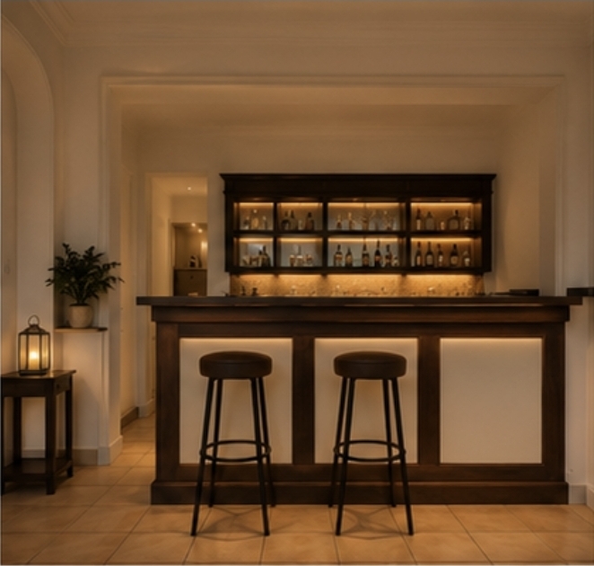 Bar privé en bois foncé, tabourets et éclairage tamisé