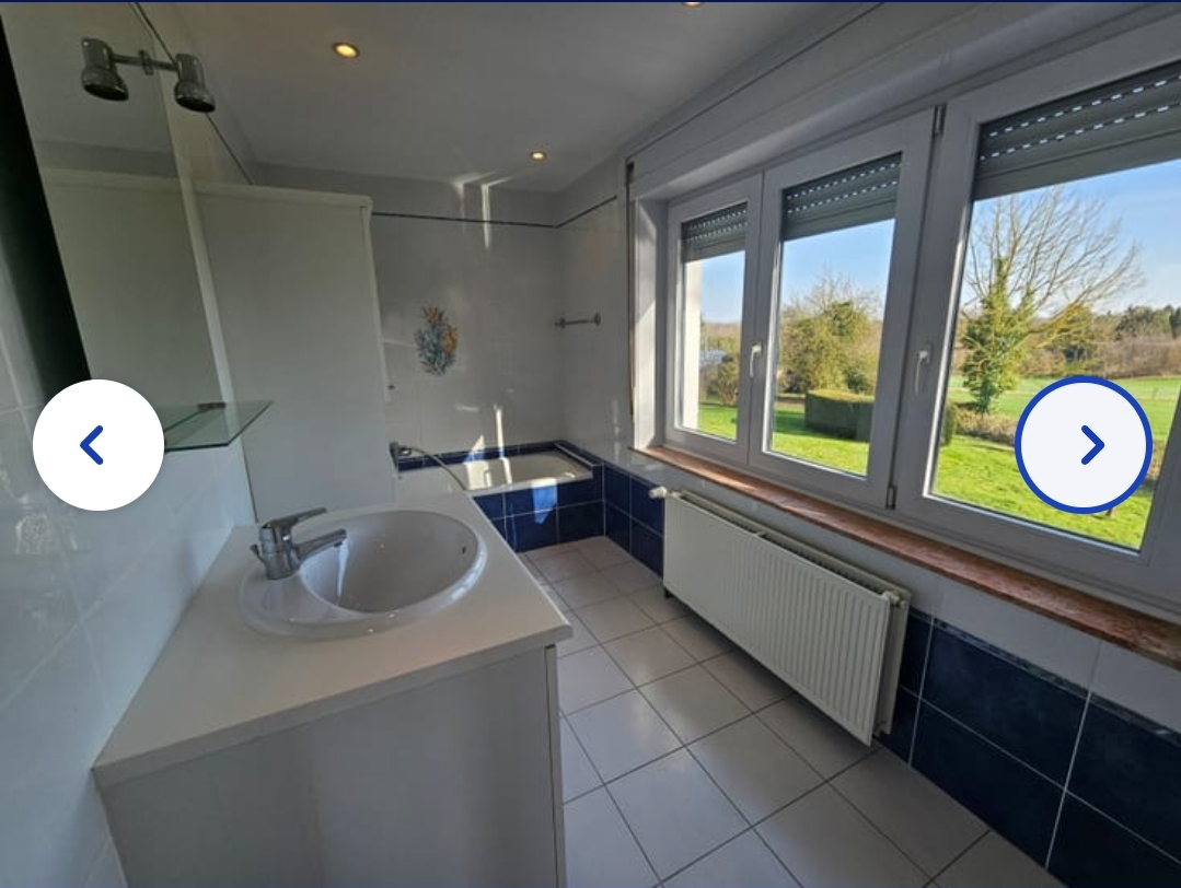 Salle de bain actuelle, carrelage bleu et vue sur le parc