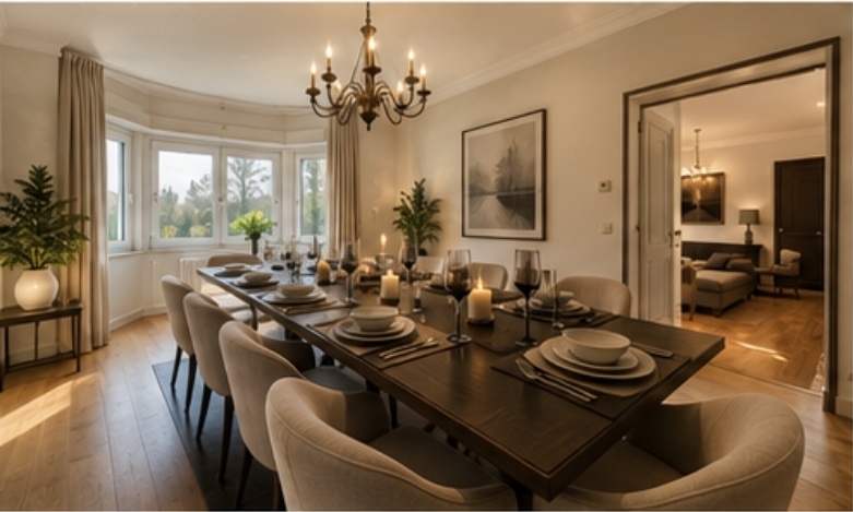 Grande salle à manger, table pour dix couverts, bougies allumées