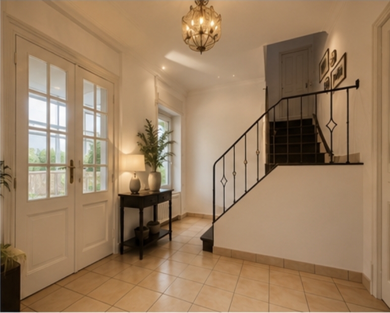 Hall d'entrée avec escalier en fer forgé et lustre